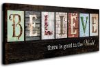 Believe Signs Inspirational Motto Canvas Prints,Motivational Quotes Canvas Wall Art for Living Room,Christian Wall Decor Wood Grain Background Paintin