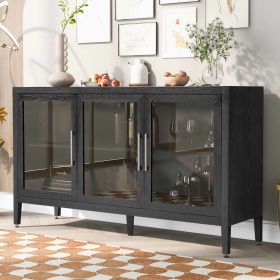 Wood Storage Cabinet with Three tempered glass doors and Adjustable Shelf,Suitable for living room, study and entrance (Color: Black)